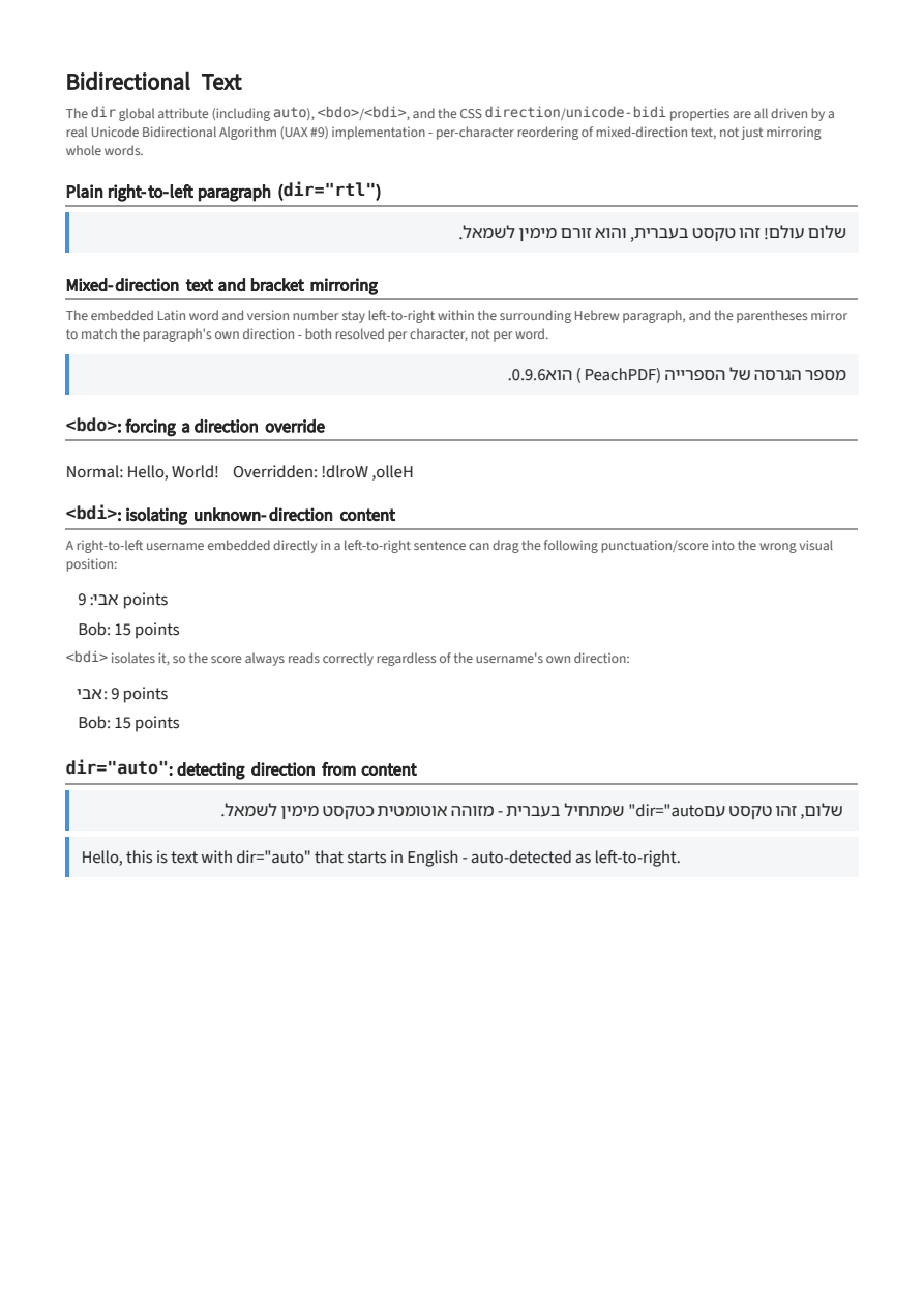 First page of the Bidirectional Text (dir, bdo, bdi) showcase PDF
