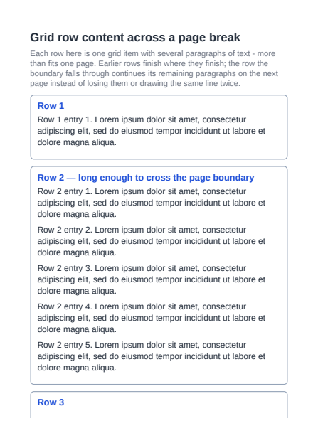 First page of the Grid Item Content Across Pages showcase PDF