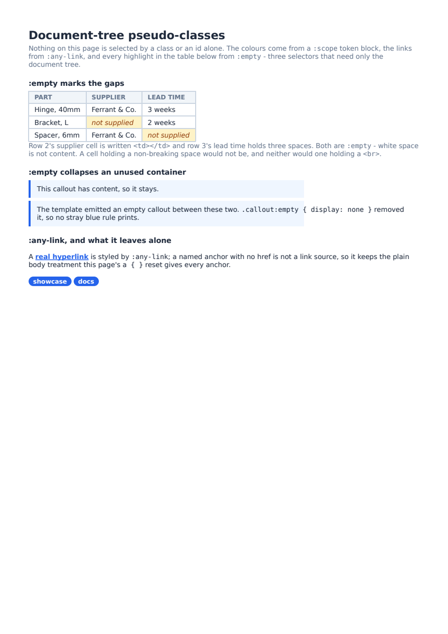 First page of the Document-Tree Pseudo-Classes showcase PDF