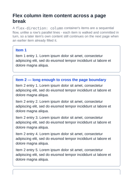 First page of the Flex Column Item Content Across Pages showcase PDF