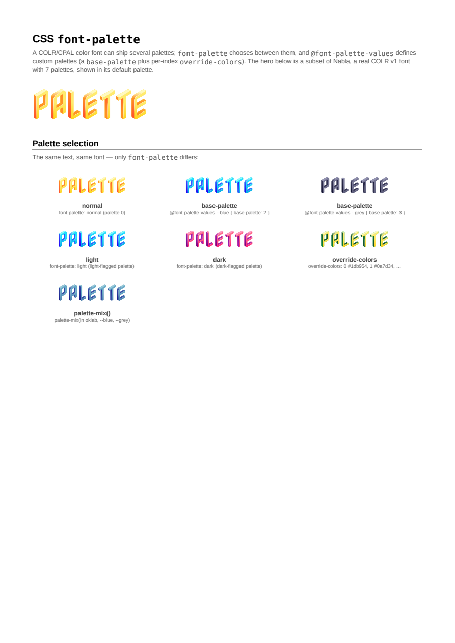 First page of the CSS font-palette showcase PDF