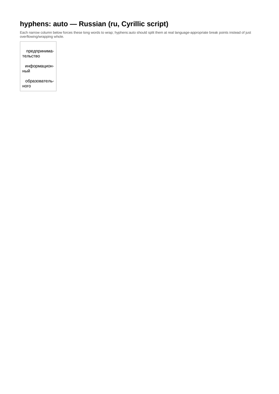 First page of the Hyphenation — Russian (ru, Cyrillic script) showcase PDF