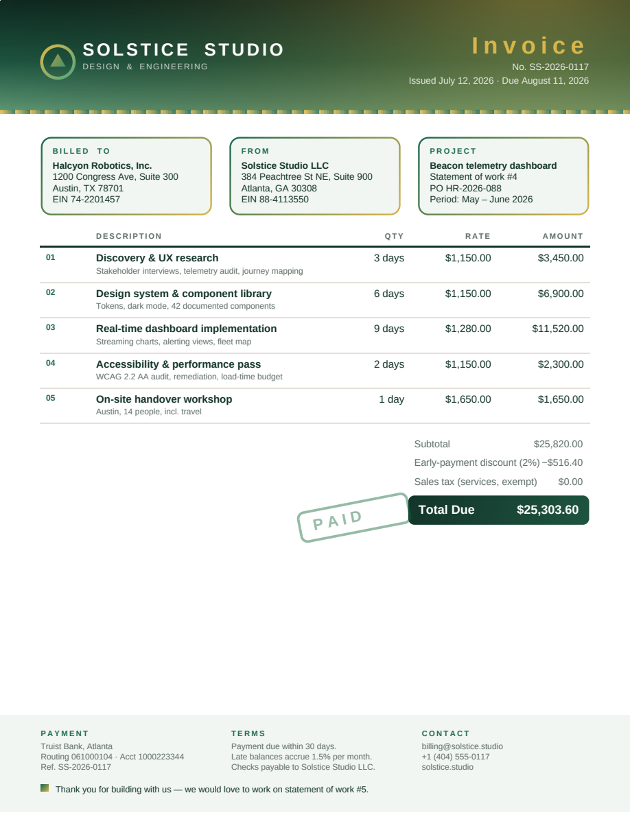First page of the Modern Invoice showcase PDF
