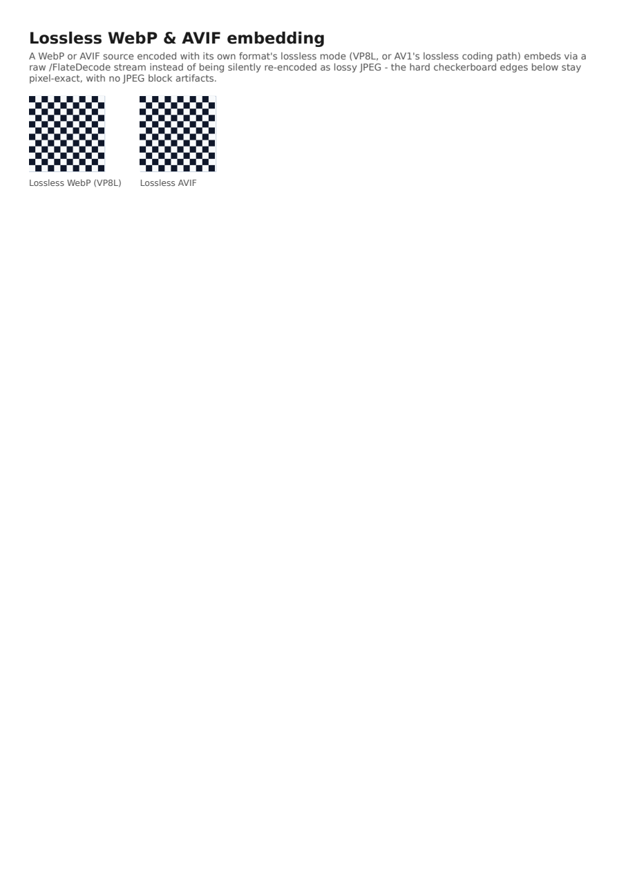 First page of the Lossless WebP & AVIF Embedding showcase PDF