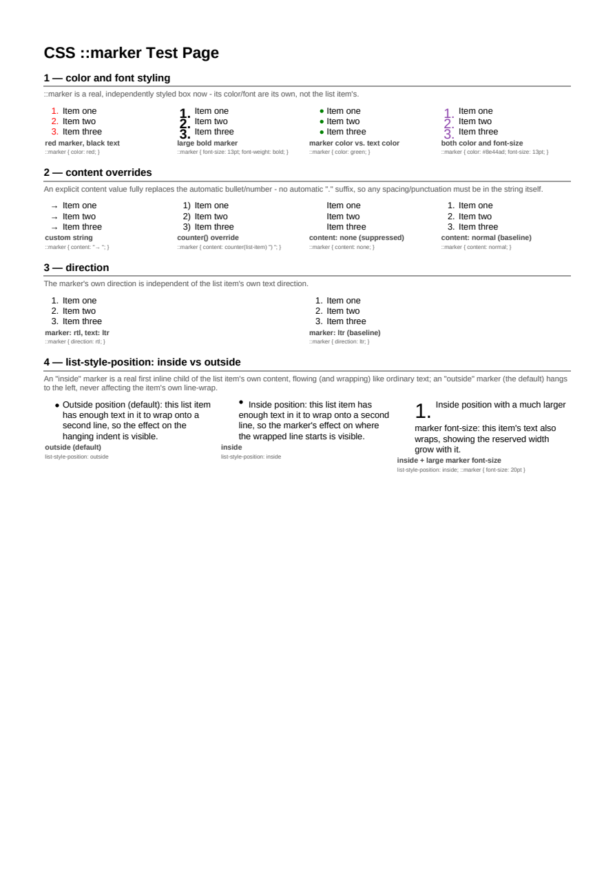 First page of the ::marker Styling showcase PDF