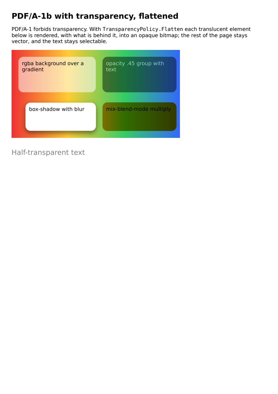 First page of the PDF/A-1 with Flattened Transparency showcase PDF