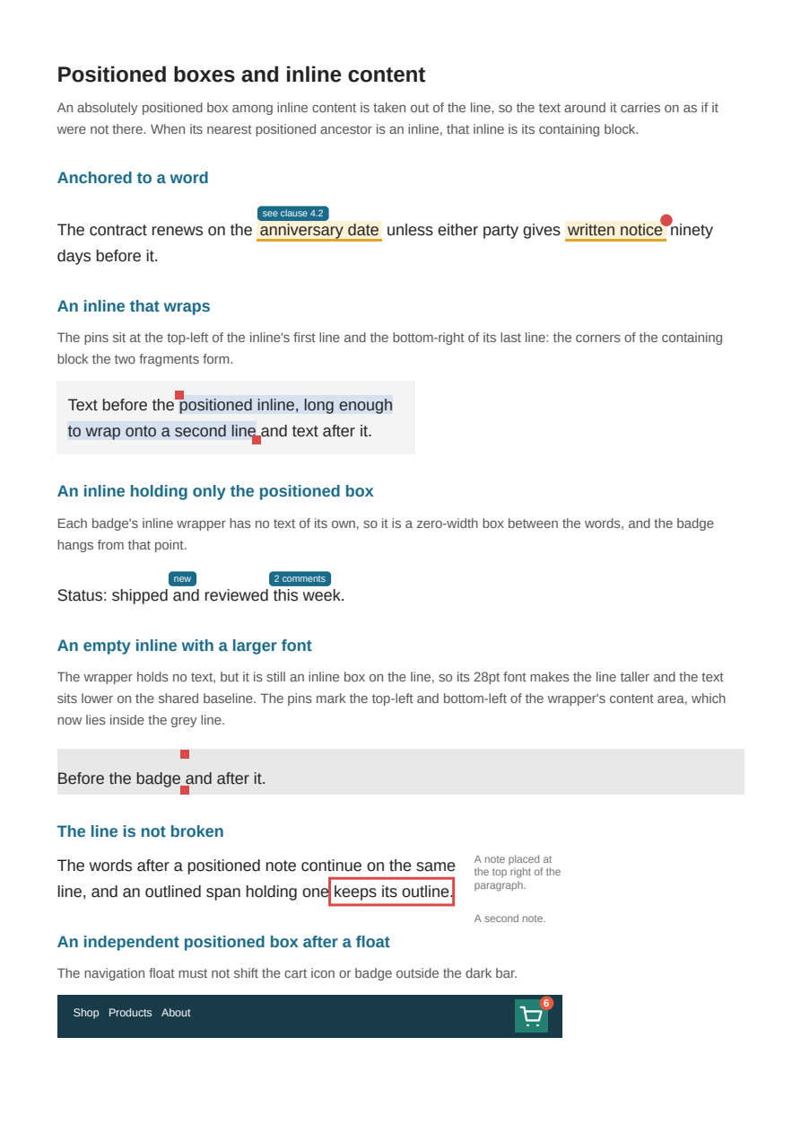 First page of the Positioned Boxes and Inline Content showcase PDF