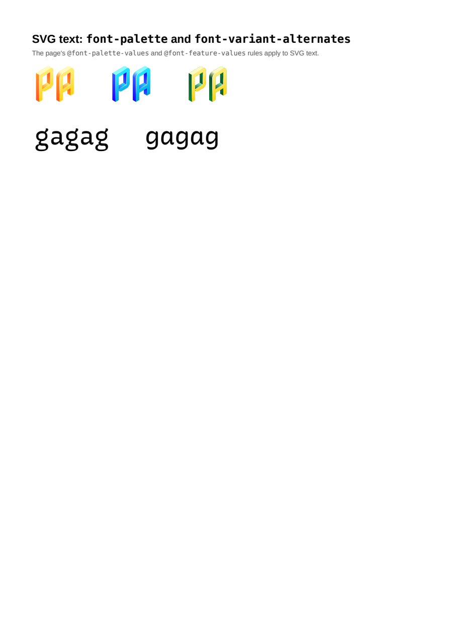 First page of the SVG text: font-palette and font-variant-alternates showcase PDF