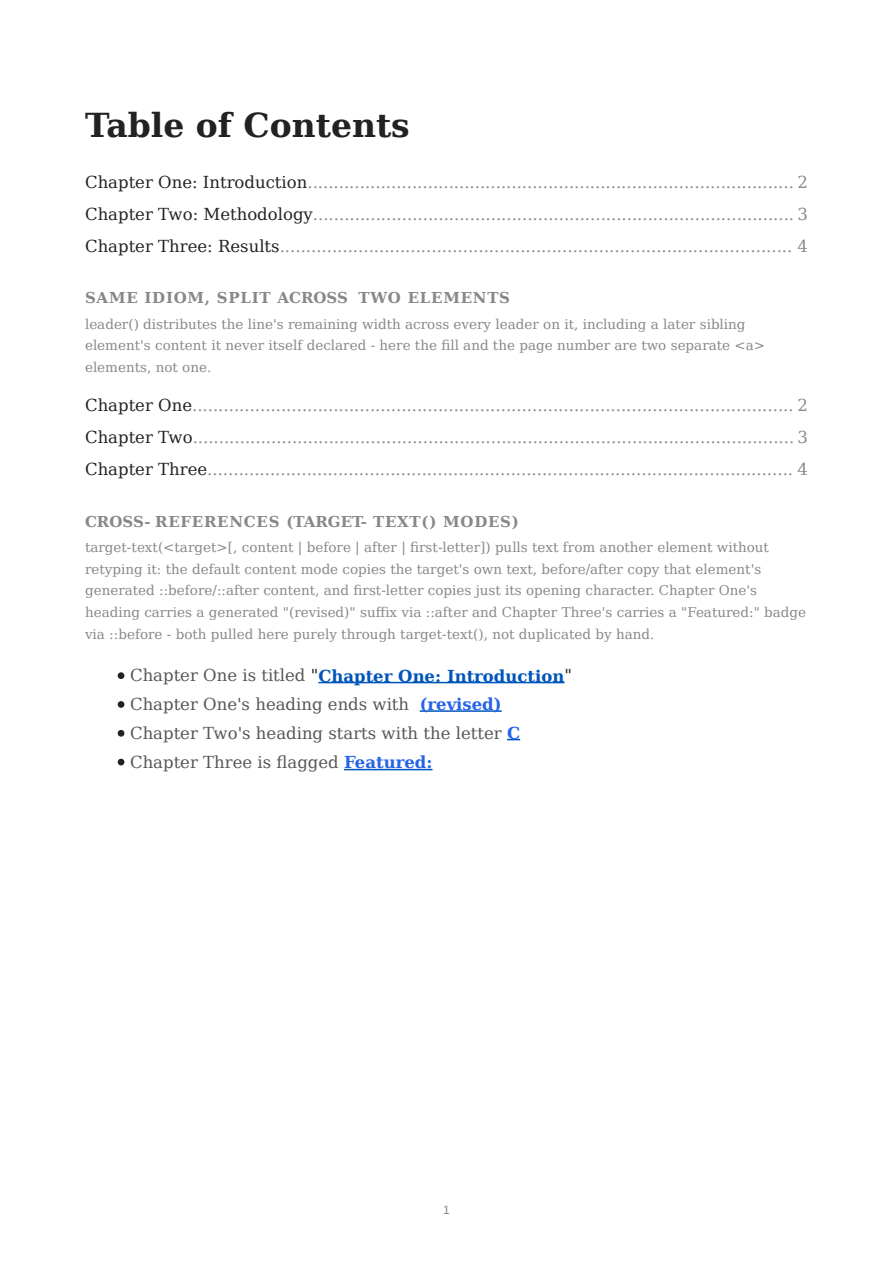 First page of the Table of Contents & Cross-References (target-counter / target-text / leader) showcase PDF