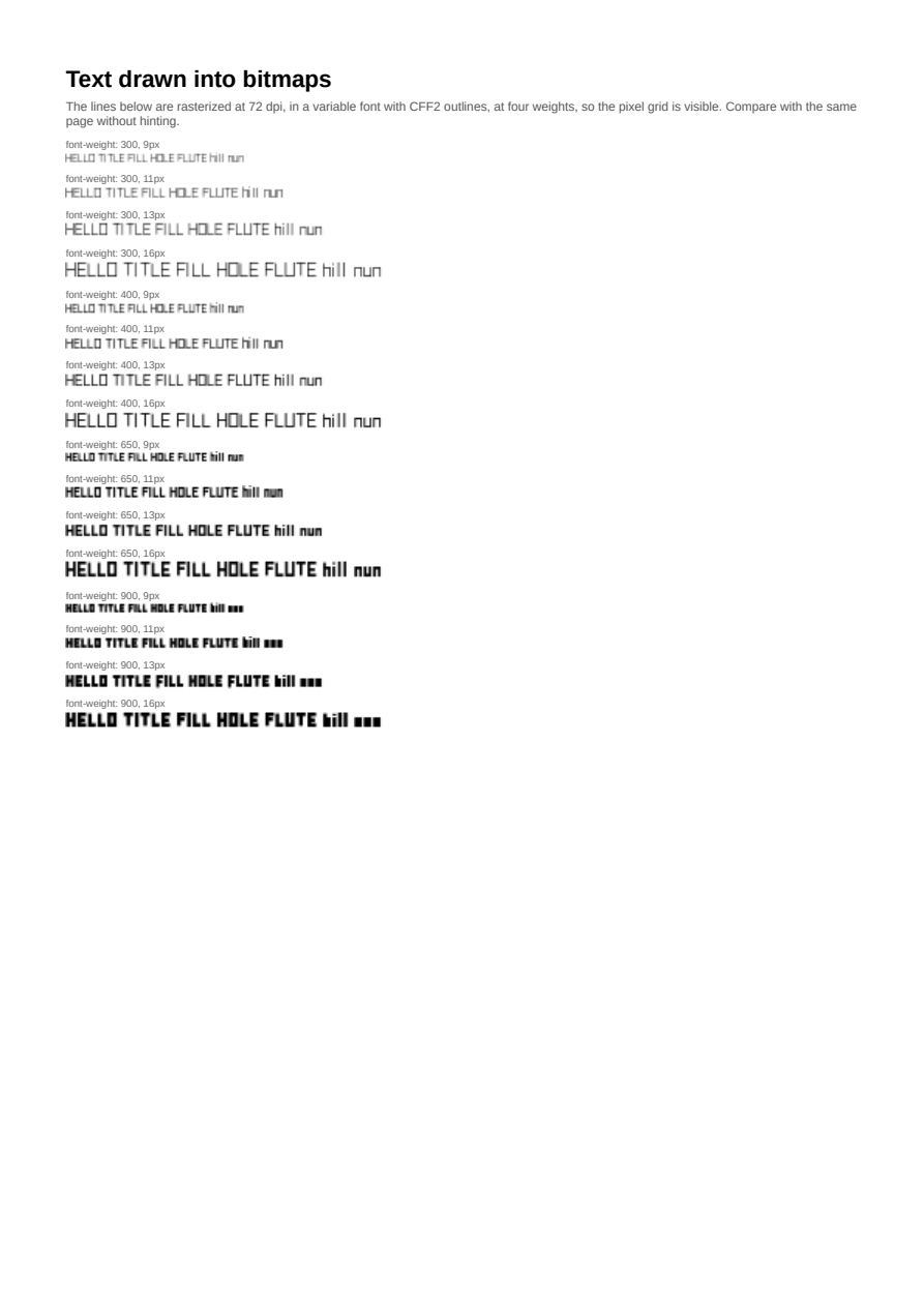 First page of the Hinted Raster Text (CFF2 Variable Font) showcase PDF