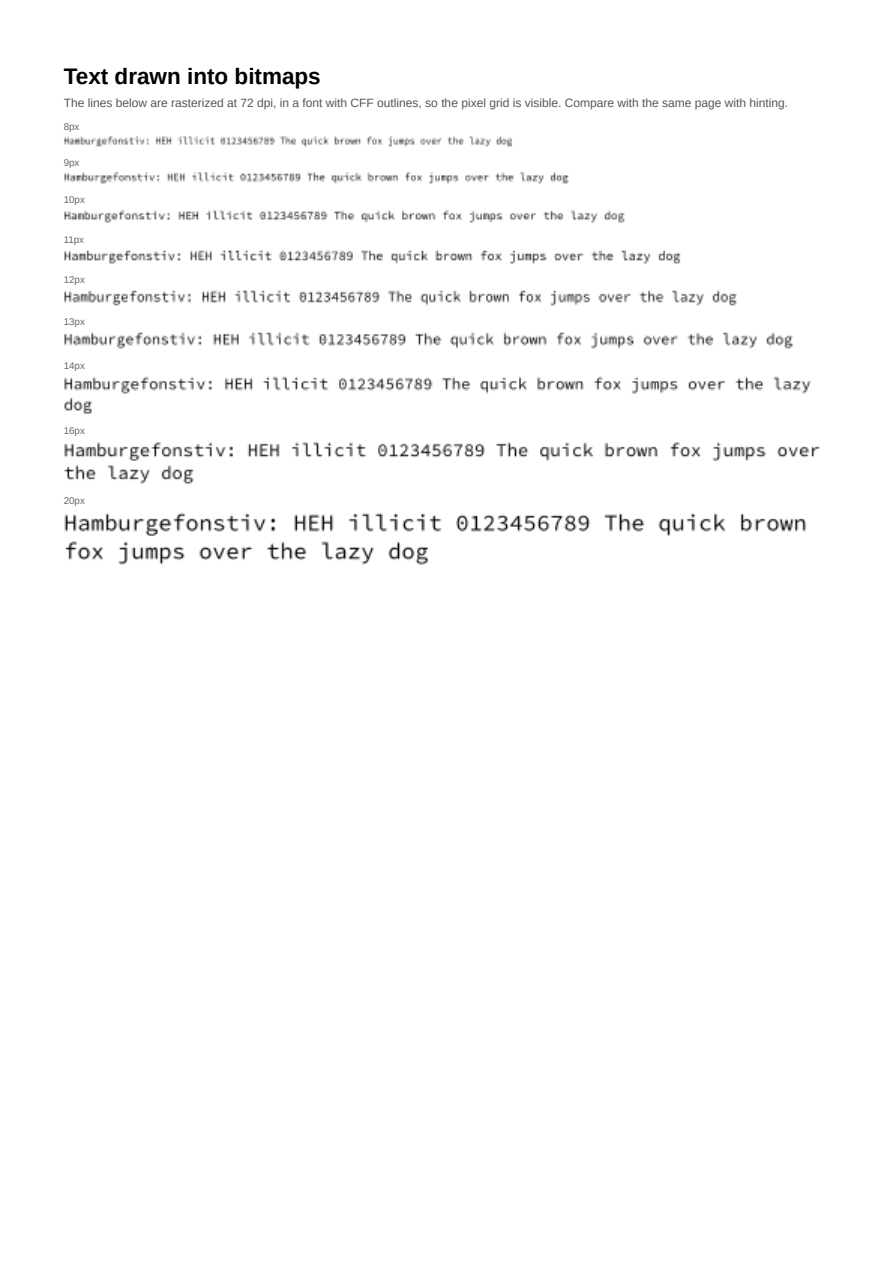 First page of the Raster Text Without Hinting (CFF Outlines) showcase PDF