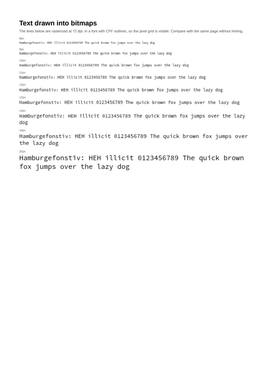 First page of the Hinted Raster Text (CFF Outlines) showcase PDF