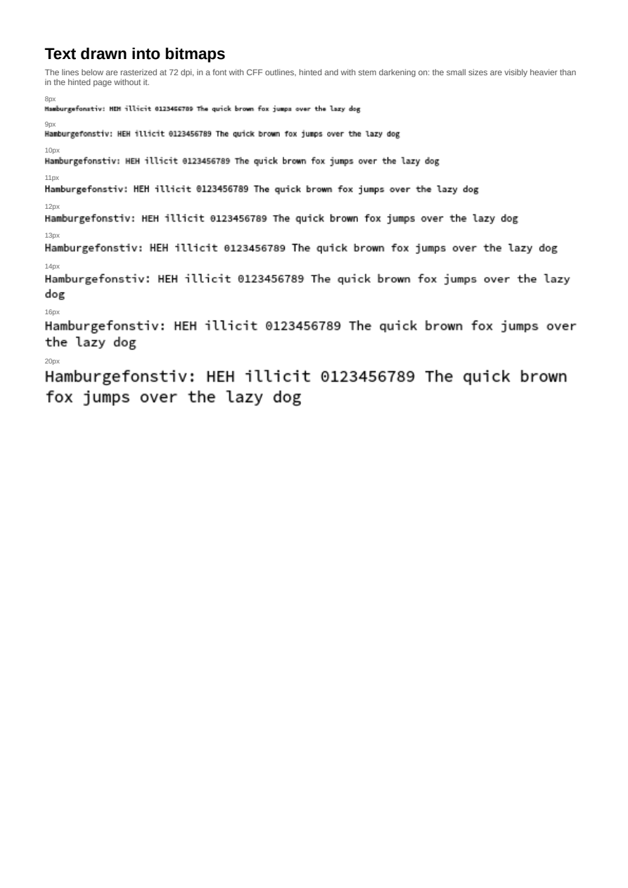 First page of the Stem-Darkened Raster Text (CFF Outlines) showcase PDF