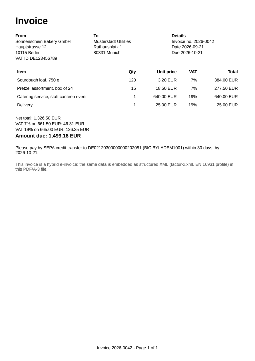 First page of the ZUGFeRD / Factur-X Invoice showcase PDF